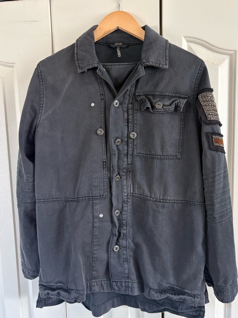 Free People Embellished Military Shirt Jacket Oversized Beaded Womens XS